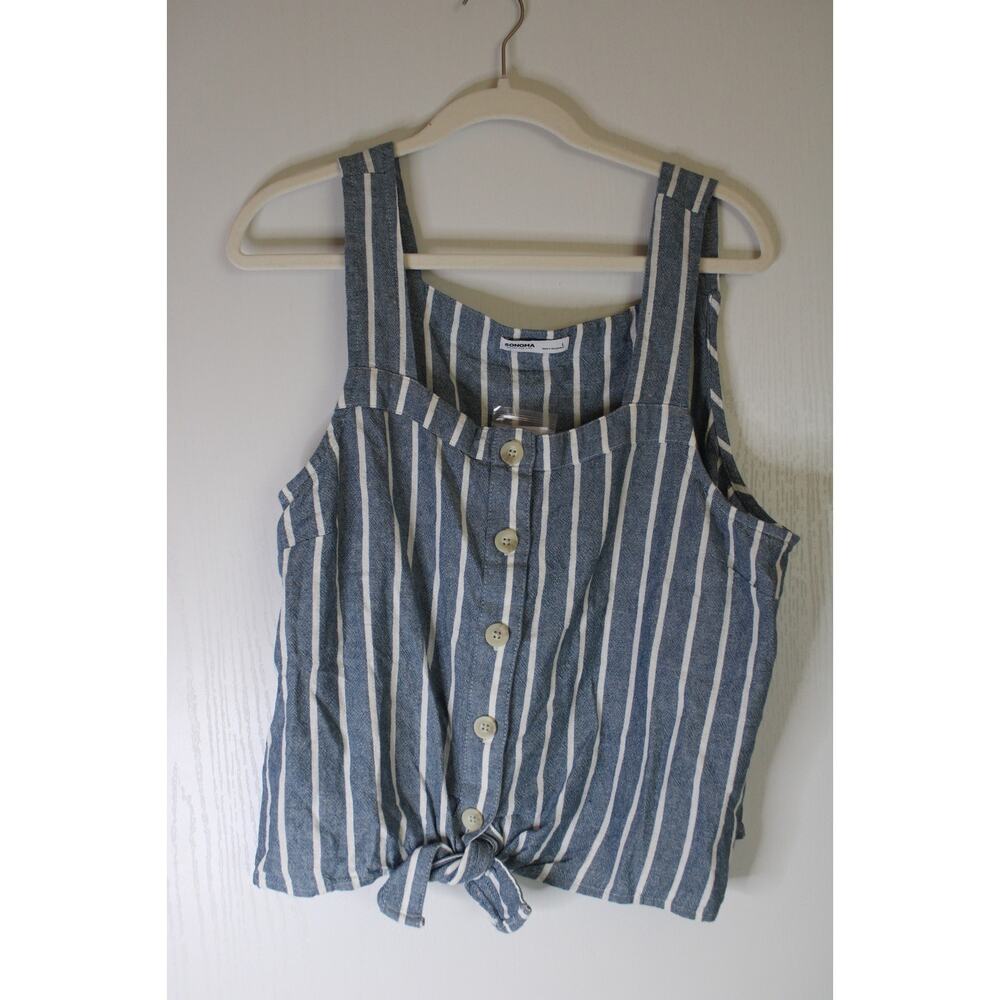 NWT SONOMA- L Square Neck Tie Hem Button Denim Blue White Stripe Linen Tank Top